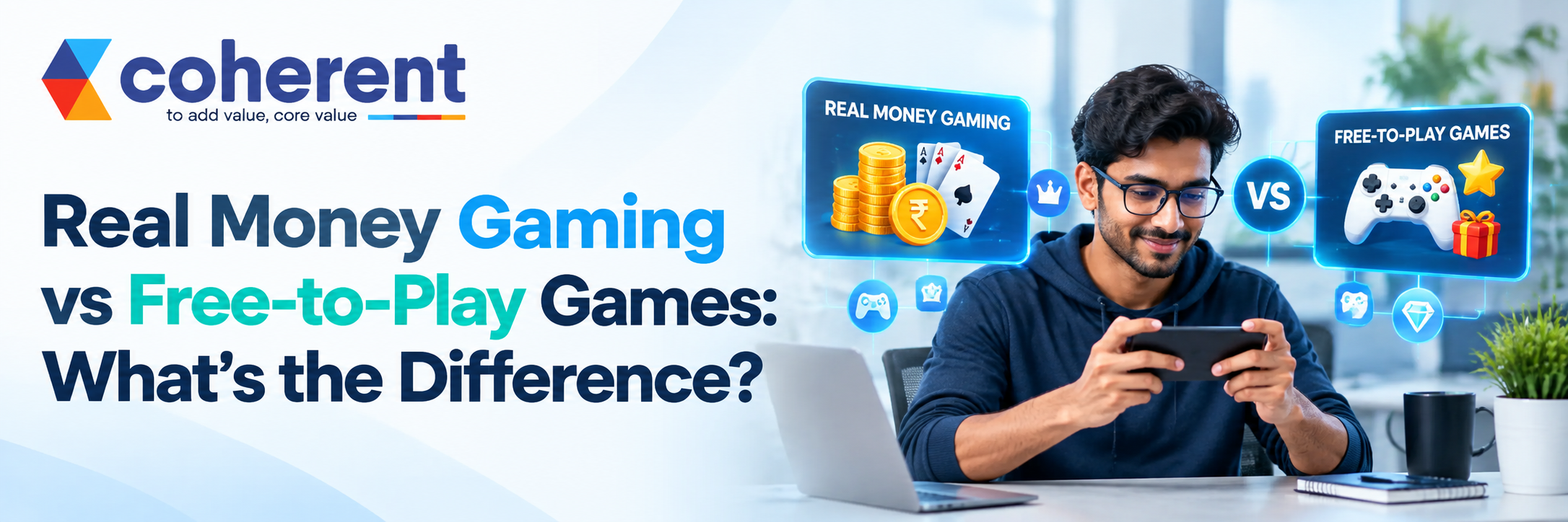 Real Money Gaming vs Free-to-Play Games comparison with mobile gaming, virtual currency, game controllers, and security icons